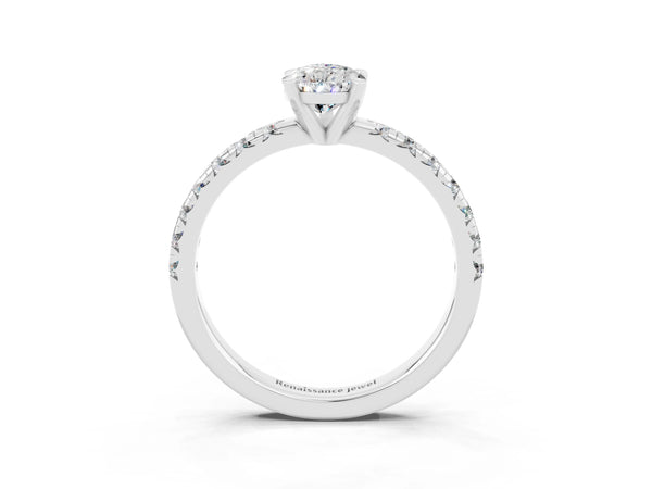 Platinum Pear Cut Moissanite Solitaire Pavé Engagement Ring with Round Band and Prong Setting