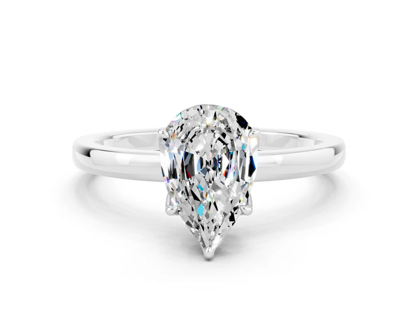 Platinum Pear Cut Moissanite Solitaire Ring with Thin Band and Prong Setting