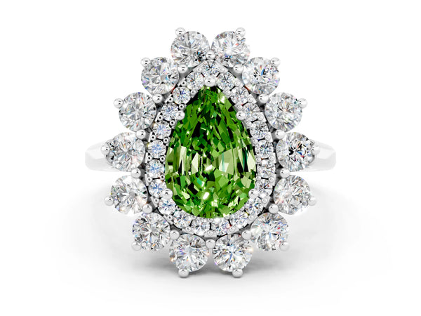 Platinum Pear Cut Peridot Floral Double Halo Engagement Ring with Prong Setting