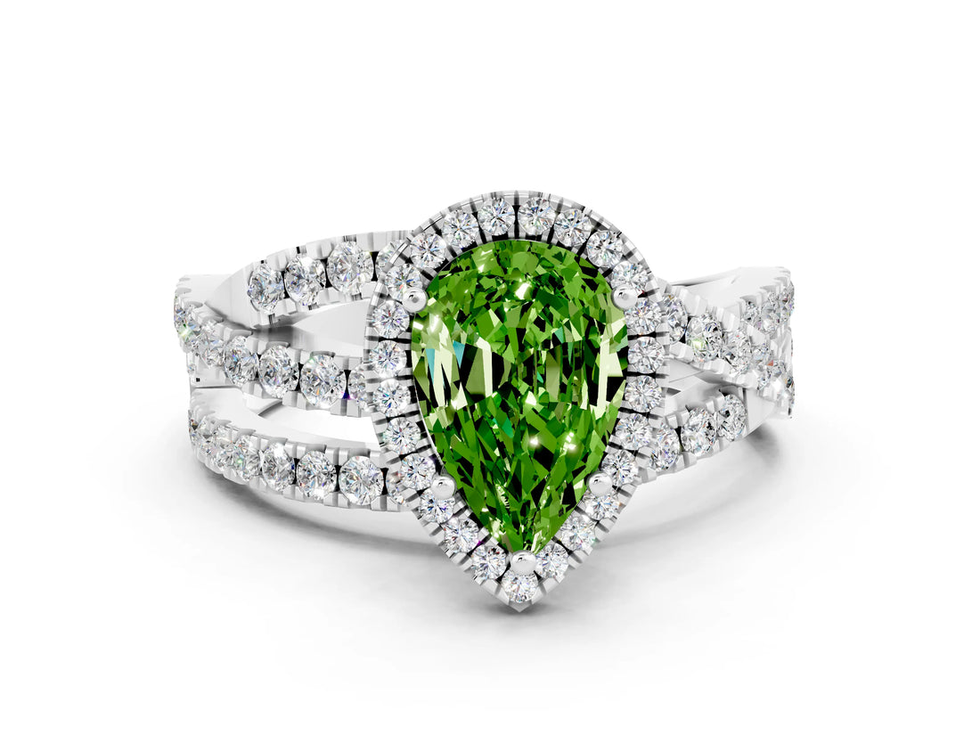 Platinum Pear Cut Peridot Halo Ring with Round Split Shank and Prong Setting_66