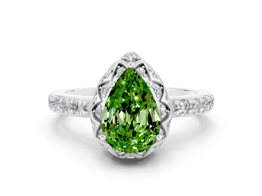 Platinum Pear Cut Peridot Scalloped Halo Engagement Ring with Round Shared Prong Band_54