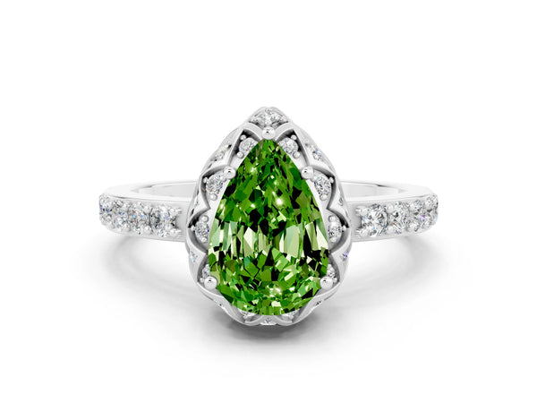 Platinum Pear Cut Peridot Scalloped Halo Engagement Ring with Round Shared Prong Band