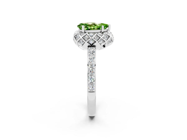 Platinum Pear Cut Peridot Scalloped Halo Engagement Ring with Round Shared Prong Band