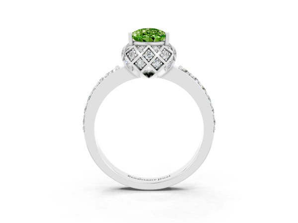 Platinum Pear Cut Peridot Scalloped Halo Engagement Ring with Round Shared Prong Band