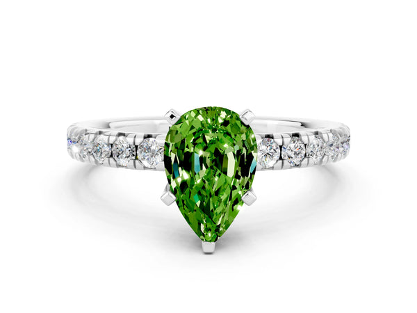 Platinum Pear Cut Peridot Solitaire Pavé Engagement Ring with Round Band and Prong Setting