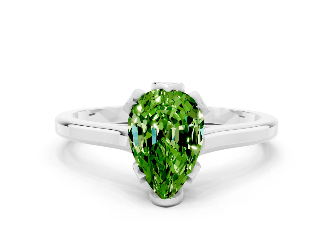 Platinum Pear Cut Peridot Solitaire Ring with Flower Prong Setting and Classic Band_12