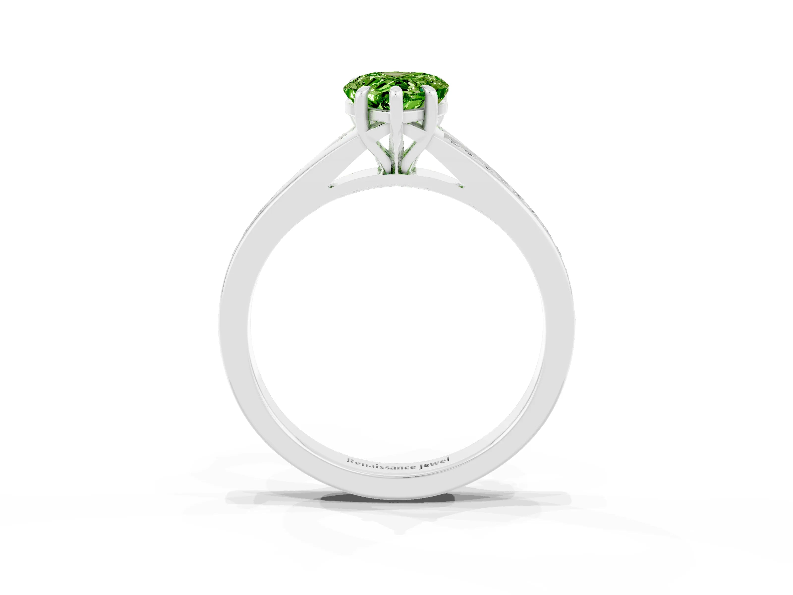 Platinum Pear Cut Peridot Solitaire Ring with Pavé Band and Prong Setting_15