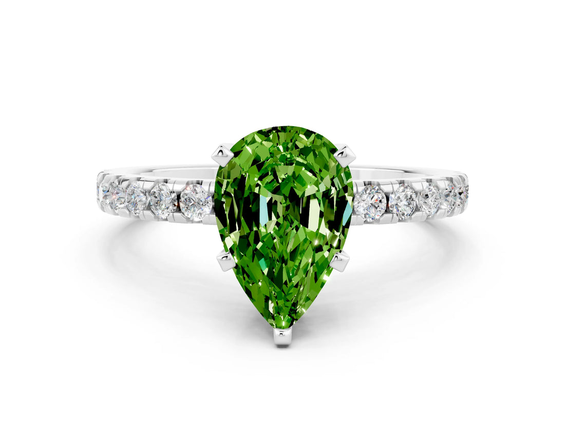 Platinum Pear Cut Peridot Solitaire Ring with Round  Pavé Band and Four-Prong Setting_36