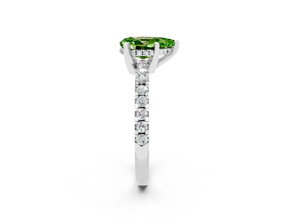 Platinum Pear Cut Peridot Solitaire Ring with Round Pavé Band and Four-Prong Setting