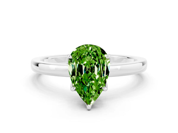 Platinum Pear Cut Peridot Solitaire Ring with Thin Band and Prong Setting