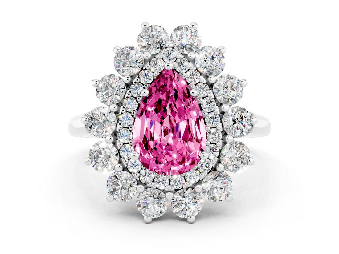 Platinum Pear Cut Pink Sapphire Floral Double Halo Engagement Ring with Prong Setting_145