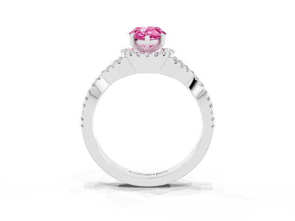 Platinum Pear Cut Pink Sapphire  Halo Twist Band Solitaire Prong Setting Ring