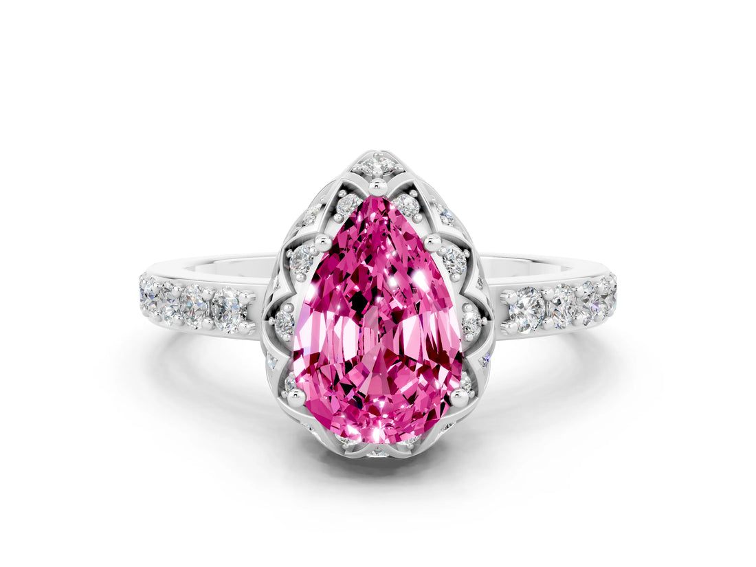 Platinum Pear Cut Pink Sapphire Scalloped Halo Engagement Ring with Round Shared Prong Band_78