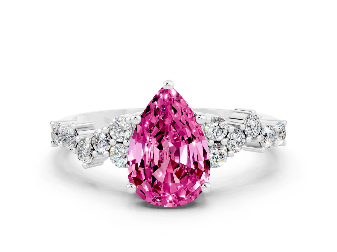 Platinum Pear Cut Pink Sapphire Scattered Round Accent Ring with Prong Setting_30