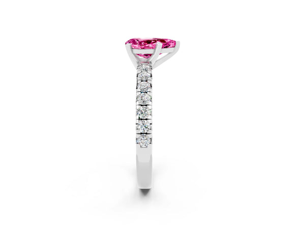 Platinum Pear Cut Pink Sapphire Solitaire Pavé Engagement Ring with Round Band and Prong Setting