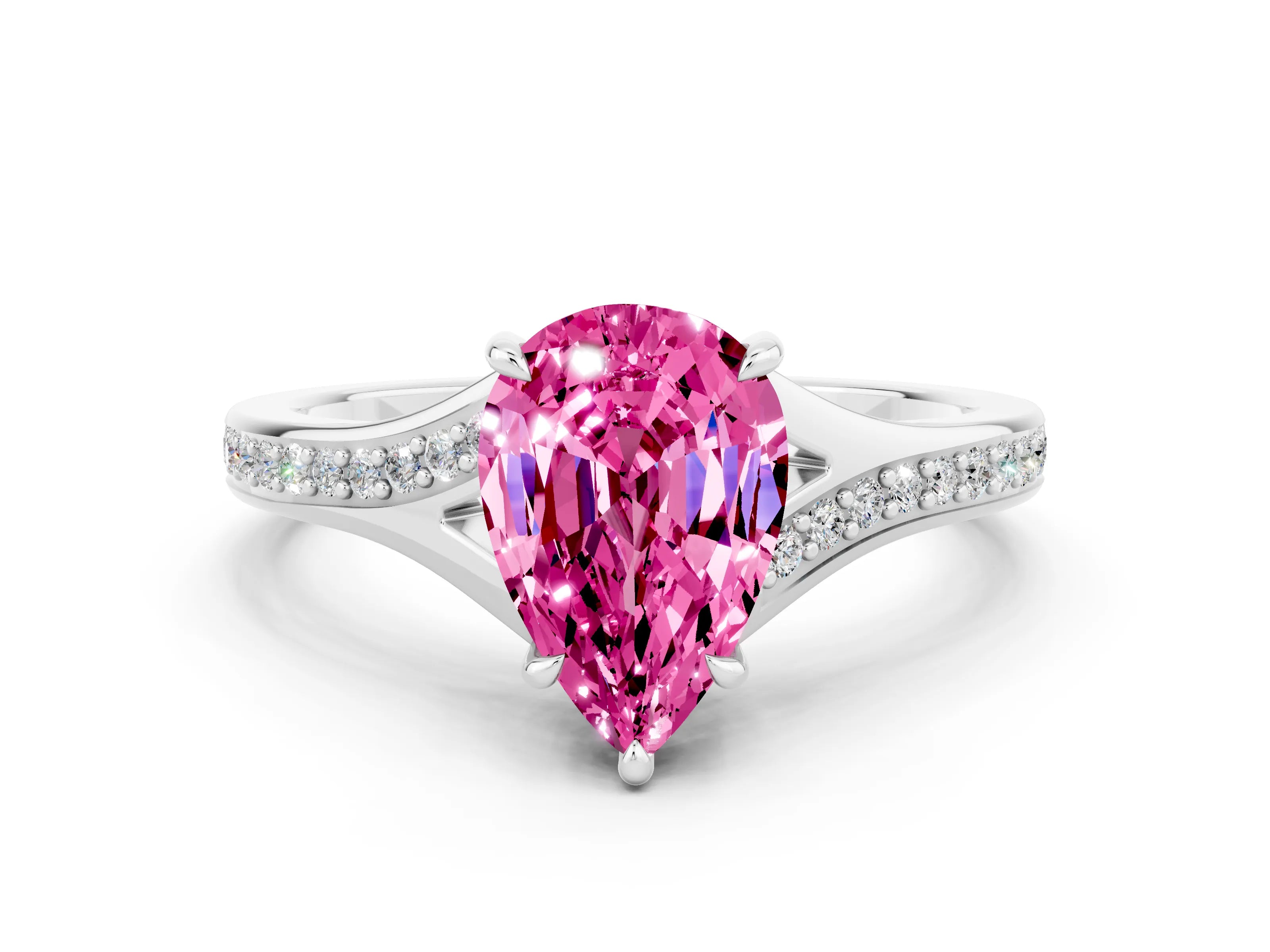 Platinum Pear Cut Pink Sapphire Solitaire Ring with Pavé Band and Prong Setting_12