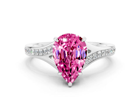 Platinum Pear Cut Pink Sapphire Solitaire Ring with Pavé Band and Prong Setting_12