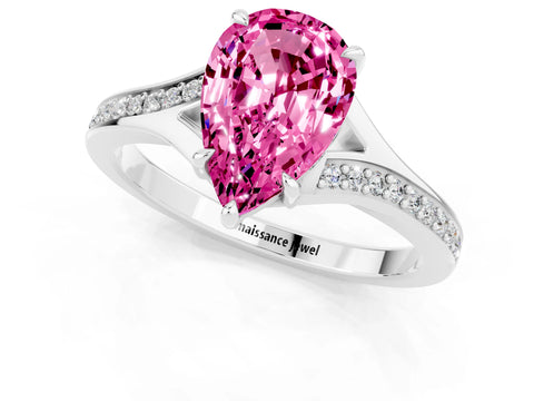 Platinum Pear Cut Pink Sapphire Solitaire Ring with Pavé Band and Prong Setting_13