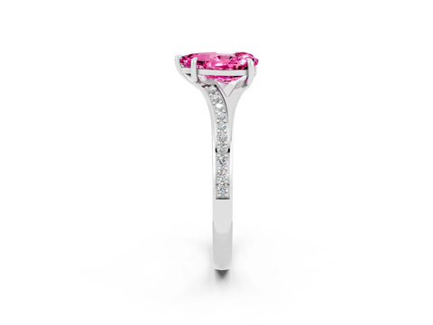 Platinum Pear Cut Pink Sapphire Solitaire Ring with Pavé Band and Prong Setting_14