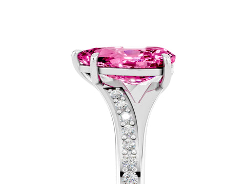 Platinum Pear Cut Pink Sapphire Solitaire Ring with Pavé Band and Prong Setting_17