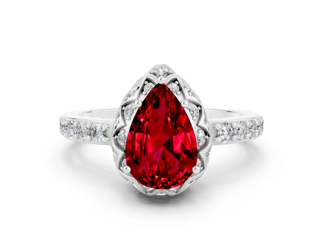 Platinum Pear Cut Ruby Scalloped Halo Engagement Ring with Round Shared Prong Band_78