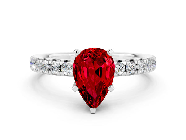 Platinum Pear Cut Ruby Solitaire Pavé Engagement Ring with Round Band and Prong Setting