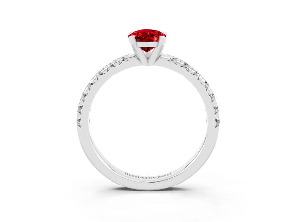Platinum Pear Cut Ruby Solitaire Pavé Engagement Ring with Round Band and Prong Setting