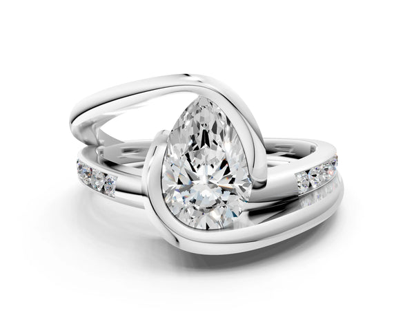 Platinum Pear Cut Solitaire Tension-Set Diamond Split Shank Ring