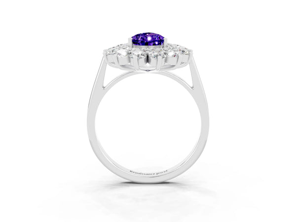 Platinum Pear Cut Tanzanite Floral Double Halo Engagement Ring with Prong Setting