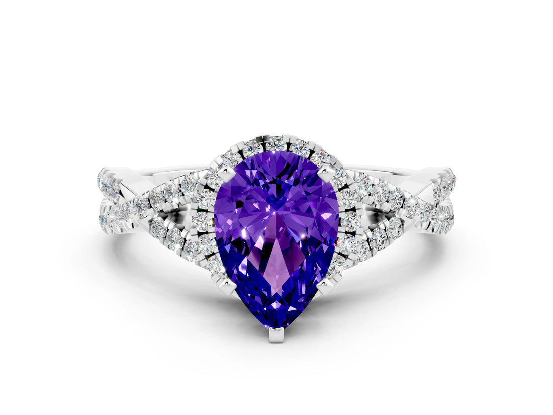 Platinum Pear Cut Tanzanite  Halo Twist Band Solitaire Prong Setting Ring_12