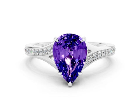 Platinum Pear Cut Tanzanite Solitaire Ring with Pavé Band and Prong Setting_12