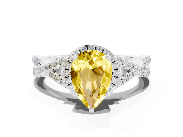 Platinum Pear Cut Yellow Sapphire  Halo Twist Band Solitaire Prong Setting Ring