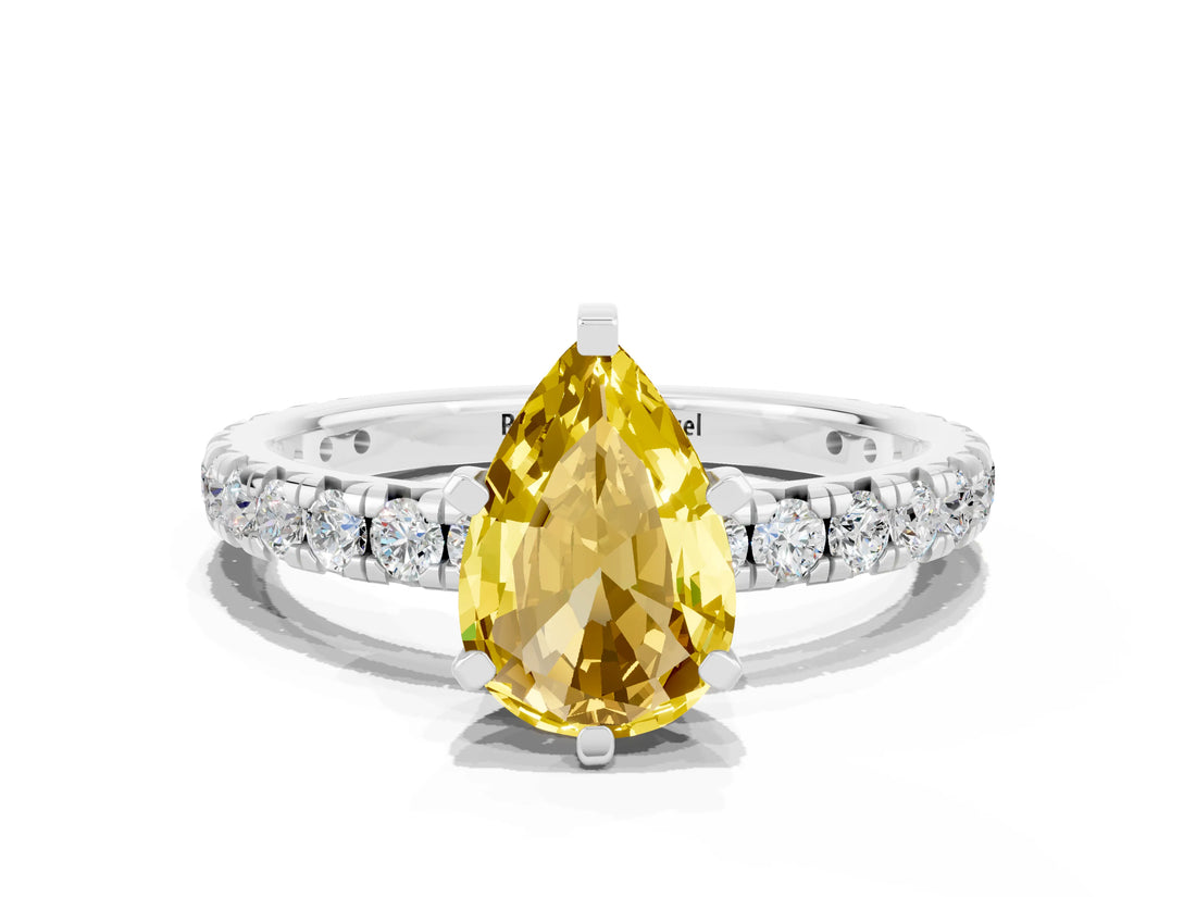 Platinum Pear Cut Yellow Sapphire Pavé Solitaire Ring with Round Band and Prong Setting_42