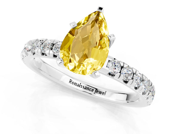 Platinum Pear Cut Yellow Sapphire Solitaire Pavé Engagement Ring with Round Band and Prong Setting