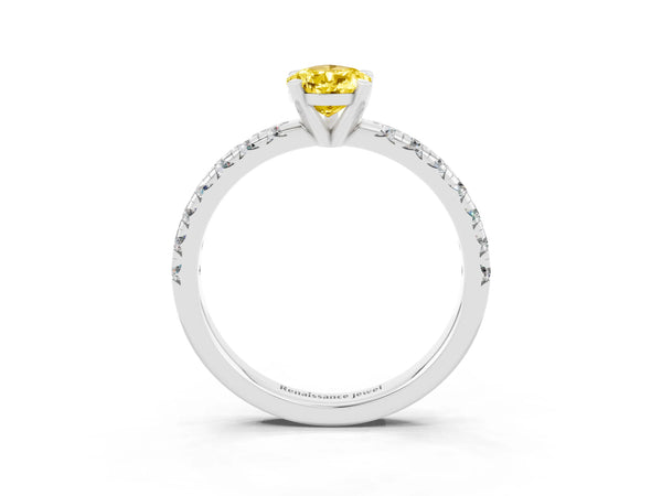 Platinum Pear Cut Yellow Sapphire Solitaire Pavé Engagement Ring with Round Band and Prong Setting