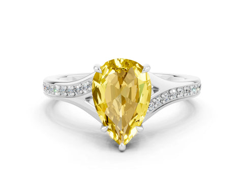 Platinum Pear Cut Yellow Sapphire Solitaire Ring with Pavé Band and Prong Setting_12