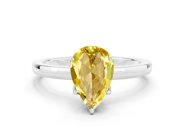 Platinum Pear Cut Yellow Sapphire Solitaire Ring with Thin Band and Prong Setting