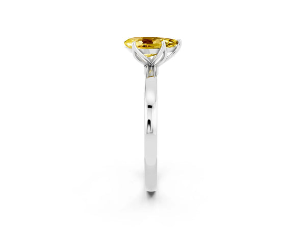 Platinum Pear Cut Yellow Sapphire Solitaire Ring with Thin Band and Prong Setting