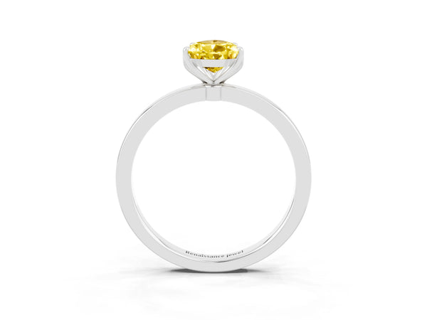 Platinum Pear Cut Yellow Sapphire Solitaire Ring with Thin Band and Prong Setting