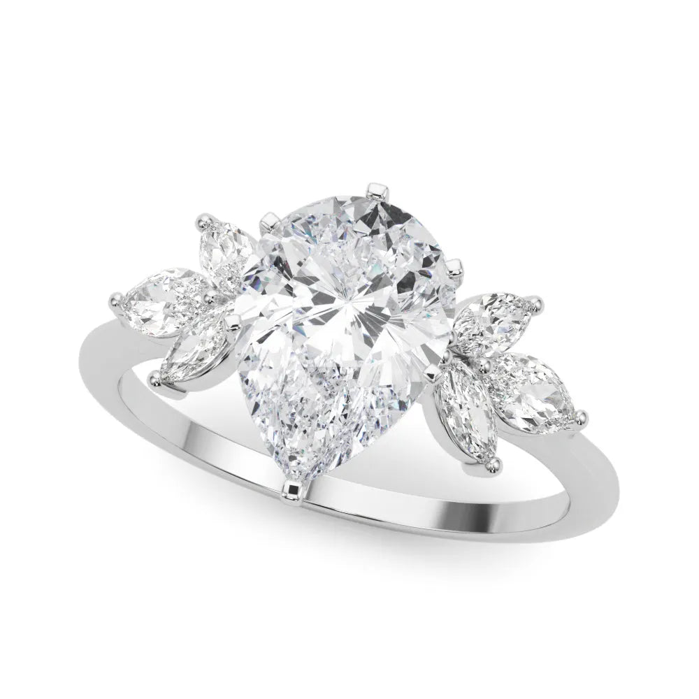 Platinum Pear Diamond Floral Cluster Ring with Marquise Side Stones and Six-Prong Solitaire Setting