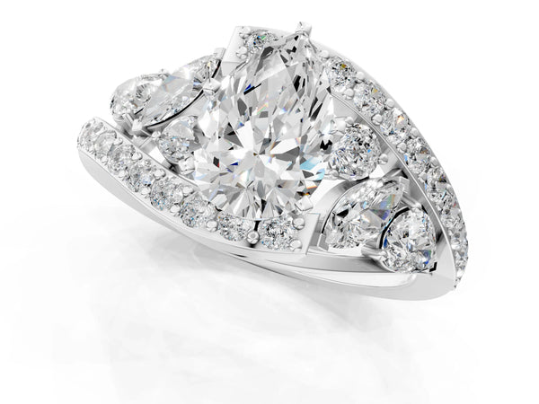 Platinum Pear-Shaped Bypass Engagement Ring Setting with Marquise and Pear Side Stones and Pave