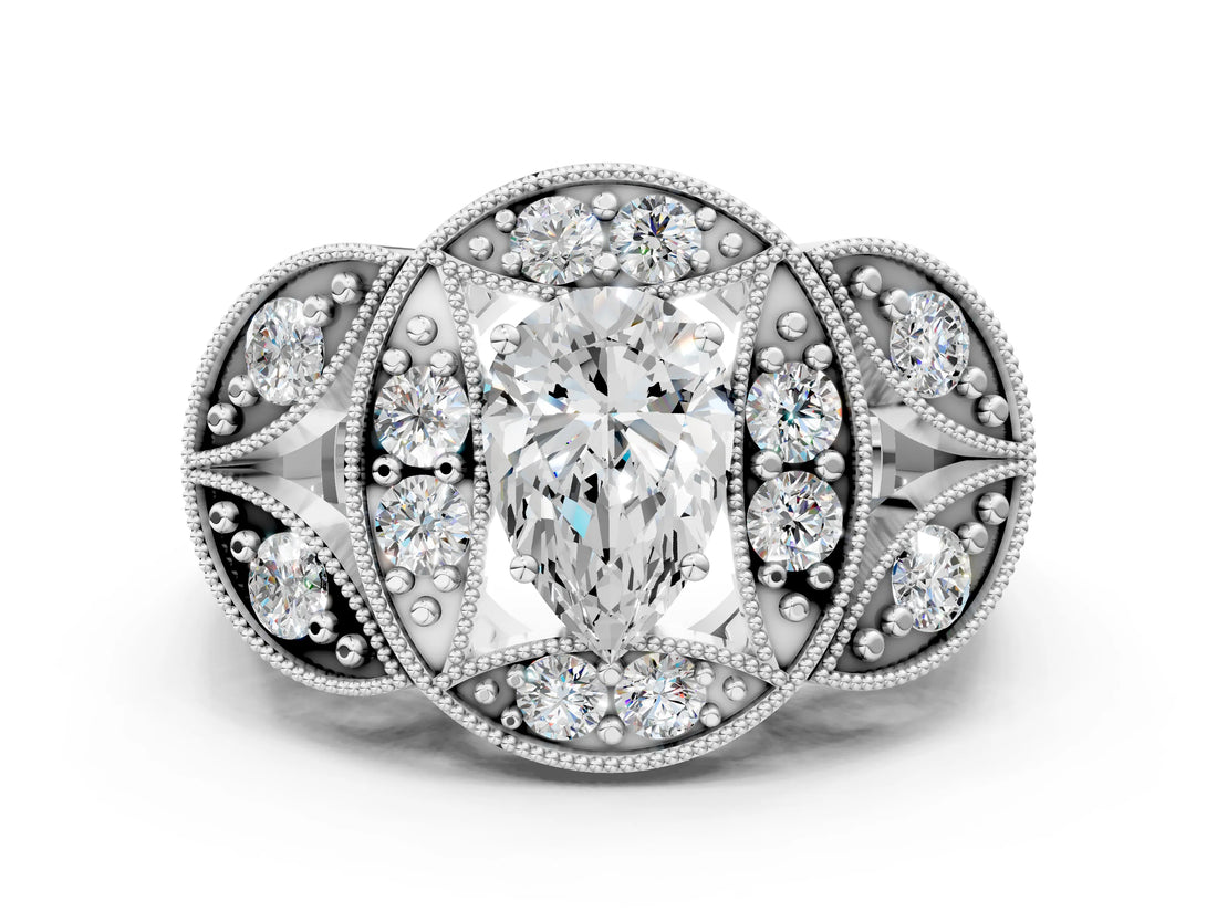 Platinum Pear Diamond Milgrain Marquise Filigree Engagement Ring with Prong Setting_6