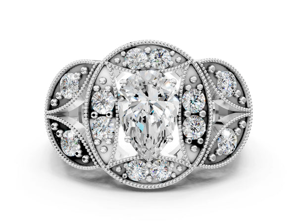 Platinum Pear-Shaped Vintage Halo Engagement Ring Setting with Milgrain Leaf Panels and Carved Band