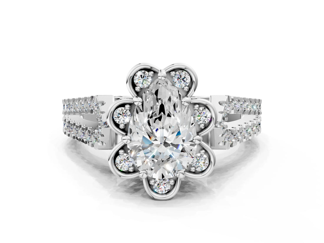 Platinum Pear Halo Diamond Floral Split Shank Engagement Ring