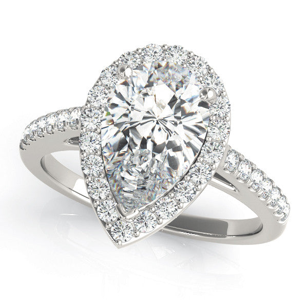 White gold Pear Halo Diamond Ring with Pavé Band and Three-Prong Setting