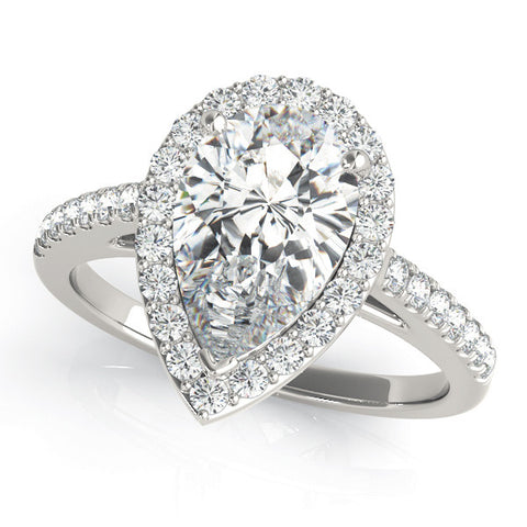 Platinum Pear Halo Diamond Ring with Pavé Band and Three-Prong Setting 1