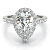 Platinum Pear Halo Diamond Ring with Pavé Band and Three-Prong Setting 2