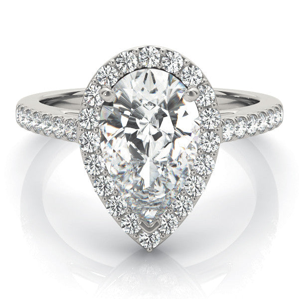 White gold Marquise Cut Halo Diamond Ring with Pavé Band and Three-Prong Setting