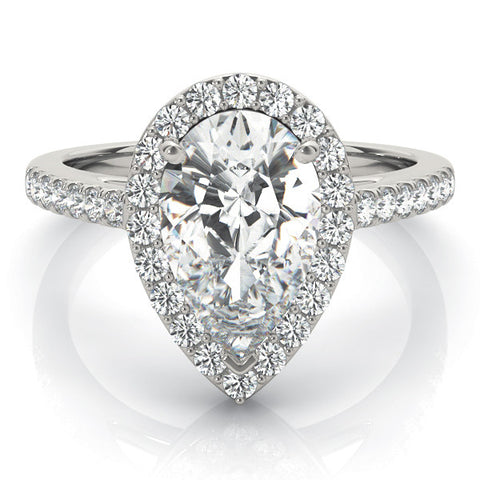 Platinum Pear Halo Diamond Ring with Pavé Band and Three-Prong Setting 2
