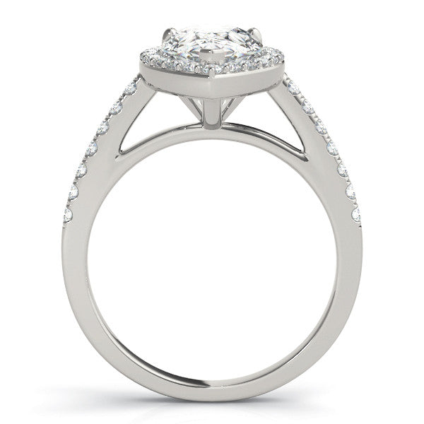 Platinum Pear Halo Diamond Ring with Pavé Band and Three-Prong Setting